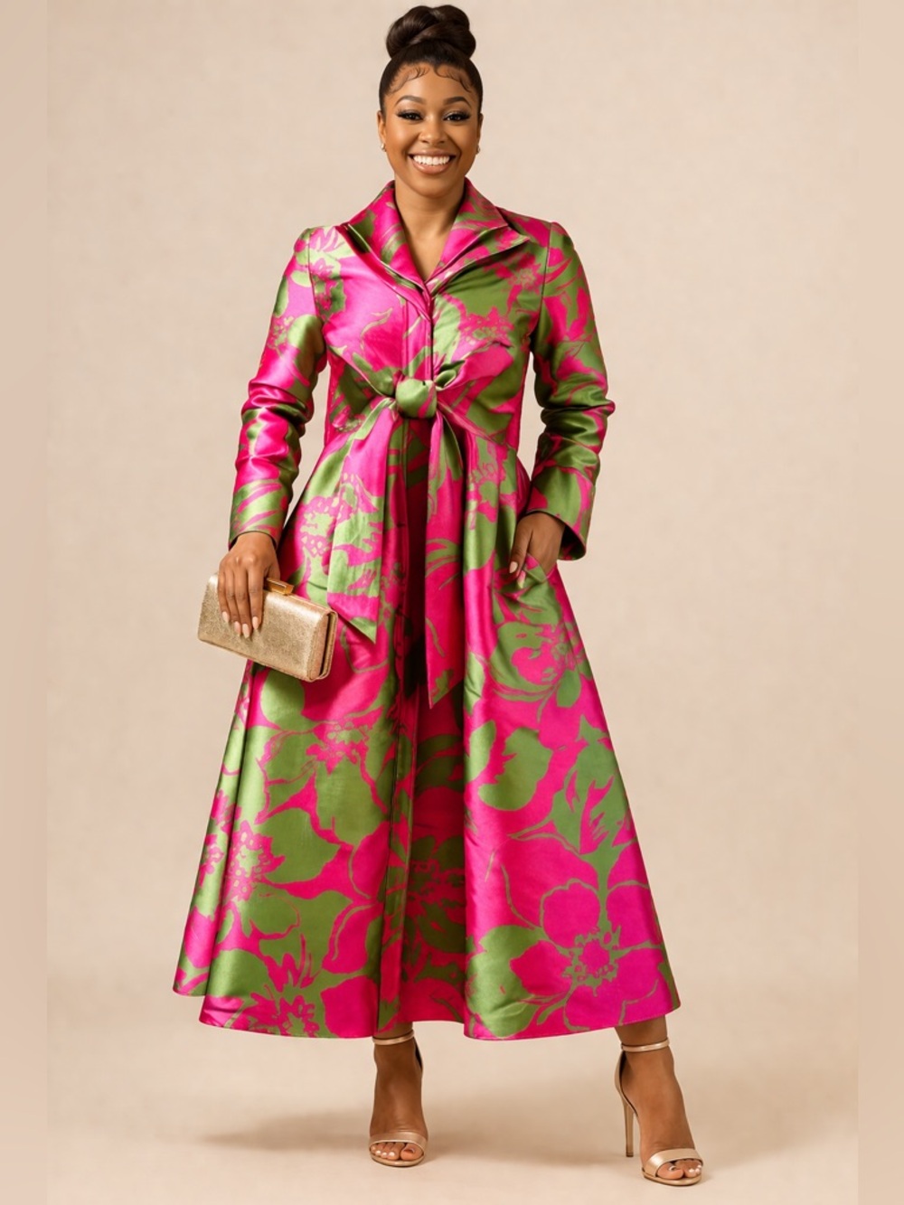 Samuel Dong Fuchsia & Green Floral Flare Coat Dress